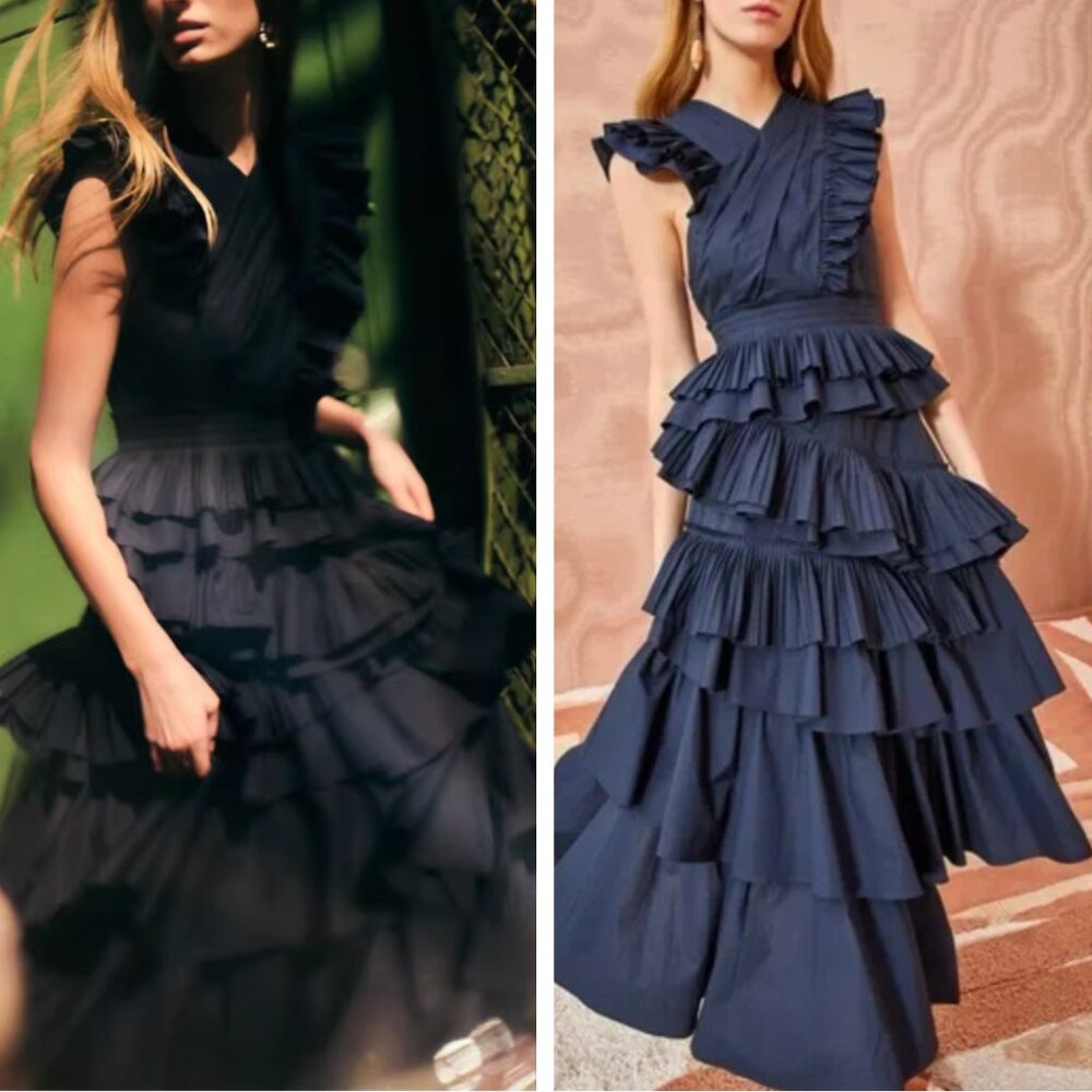 Ulla Johnson Aurore Tiered Ruffle Midi Dress Navy Sz4 Cocktail Event Party - Picture 2 of 11